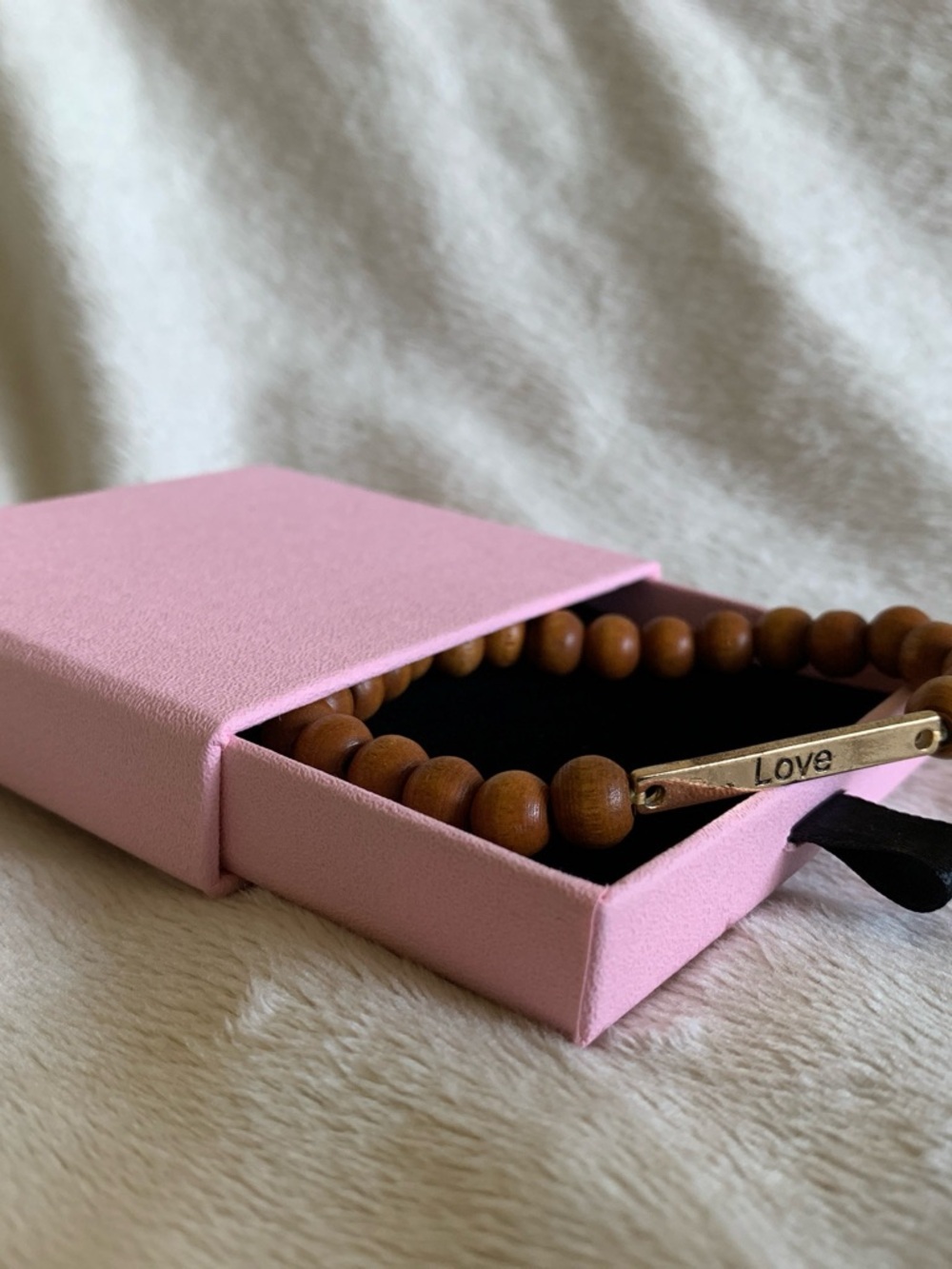 Wood Bead Bracelet with Gold 'Love' Bar - Brown PRICE DROP – SHIPS TOMORROW